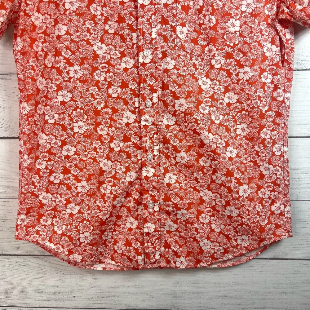 J. Crew Mens Orange White Floral Button Down Shirt Size M Flex Washed Slim Beach